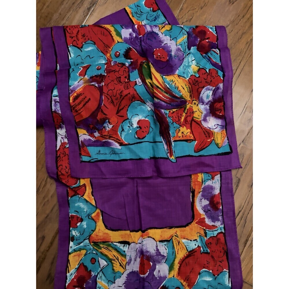 Ginnie Johansen 1989 100% Cotton Art Scarf Purple Red Yellow (Japan) 10.5"x58" - Picture 3 of 4